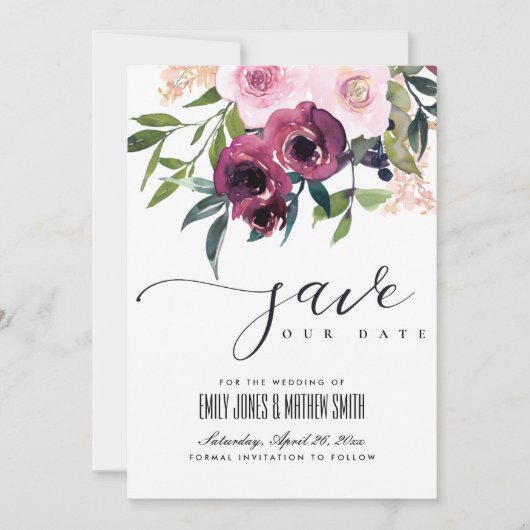 BRIGHT BLUSH BURGUNDY FLORAL BUNCH WEDING SAVE THE DATE (Vorderseite)