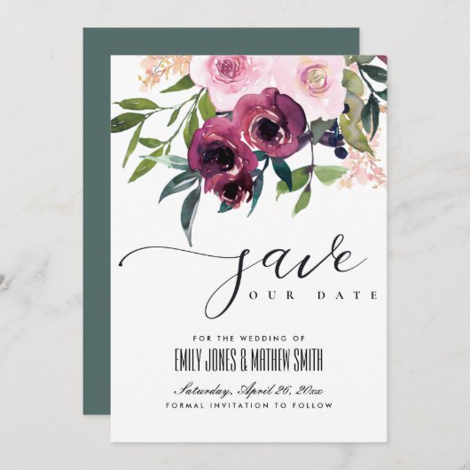 BRIGHT BLUSH BURGUNDY FLORAL BUNCH WEDING SAVE THE DATE (Vorne/Hinten)