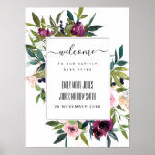 BRIGHT BLUSH BURGUNDY FLORAL BUNCH WEDING WILLKOMM POSTER (Vorne)