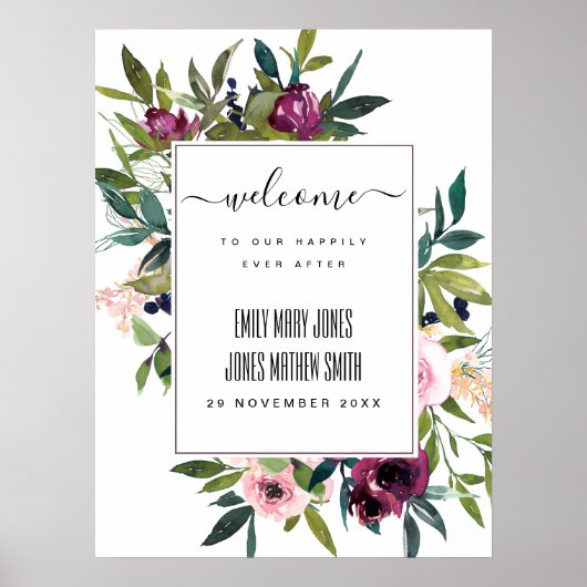 BRIGHT BLUSH BURGUNDY FLORAL BUNCH WEDING WILLKOMM POSTER (Vorne)