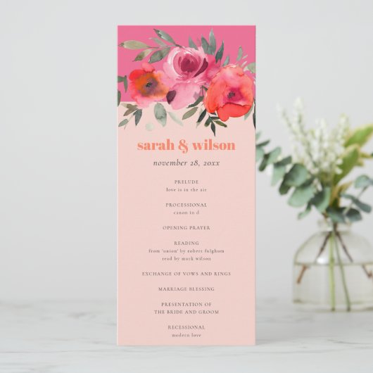 Bright Boho Hot Pink Floral Wedding Program Einladung (Stehend Vorderseite)