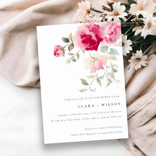 Bright Boho Red Pink Rose Blumenpaare Dusche Einladung