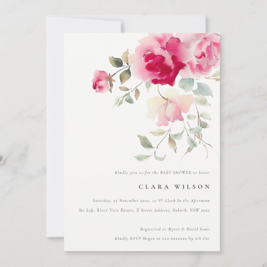 Bright Boho Red Pink Rose Floral Baby Dusche Einladung (Vorderseite)