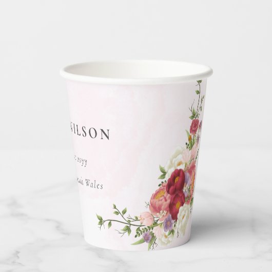 Bright Boho Rosa Blume Hochzeit Pappbecher (Rückseite)