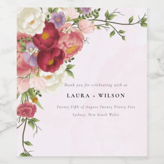 Bright Boho Rosa Blume Hochzeit Weinetikett (Einzelnes Label)