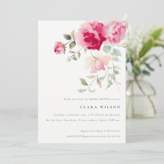 Bright Boho Rosa Rose Brautparty Einladung (Stehend Vorderseite)