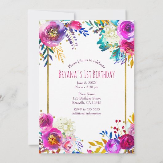 Bright Bold farbenfroh floral Moderne 1. Geburtsta Einladung (Rückseite)