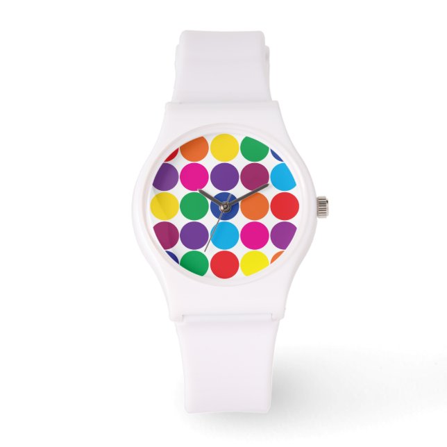 Bright Bold farbenfrohe Regenbogenkreise Polka Dot Armbanduhr (Vorderseite)