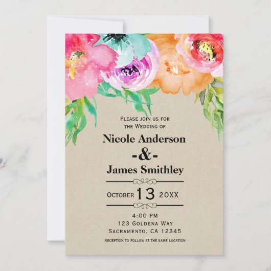 Bright Bold farbig floral rustikal Moderne Kraft Einladung (Vorderseite)