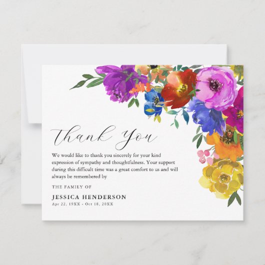 Bright & Bold Floral Beileid Beerdigung Gedenkstät Dankeskarte (Vorderseite)