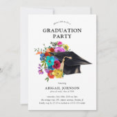 Bright & Bold Floral Cap Graduation Party Einladung (Vorderseite)