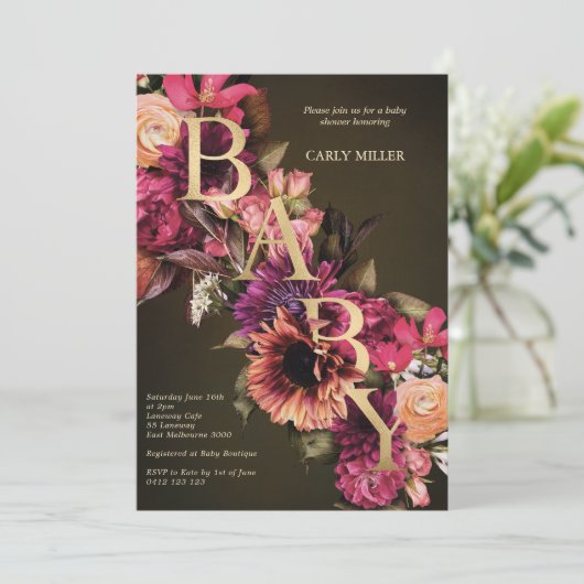 Bright Bold Floral Gold Baby Dusche Einladung (Stehend Vorderseite)