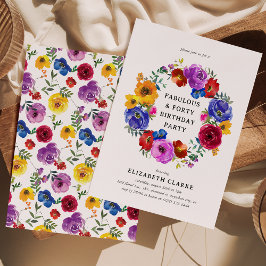 Bright & Bold Floral Wreath 40. Geburtstag Party Einladung