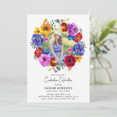 Bright & Bold Floral Wreath Foto Graduation Party Einladung (Stehend Vorderseite)