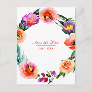 Bright Bold Floral Wreath Wasserfarbe Save the Dat Ankündigungspostkarte