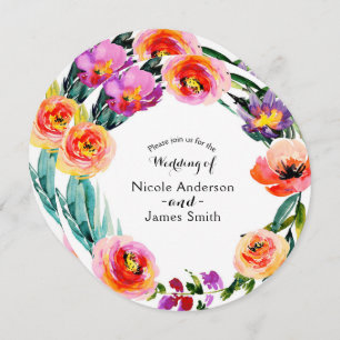 Bright Bold Floral Wreath Watercolor Wedding Einladung