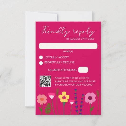Bright & Bold Fuchsia Pink Floral Wedding QR Code RSVP Karte (Vorderseite)