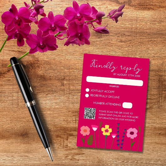 Bright & Bold Fuchsia Pink Floral Wedding QR Code RSVP Karte