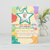 Bright, bold, fun 1st Birthday Einladung (Stehend Vorderseite)