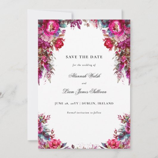 Bright Bold Magenta Floral & Foto Wedding Save The Date (Vorderseite)
