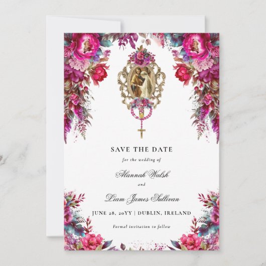 Bright Bold Magenta Floral & Foto Wedding Save The Date (Vorderseite)