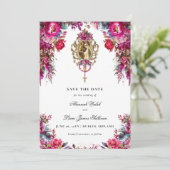 Bright Bold Magenta Floral & Foto Wedding Save The Date (Stehend Vorderseite)