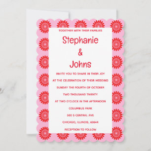 Bright Bold Orange Pink Retro Floral Boho Wedding Einladung