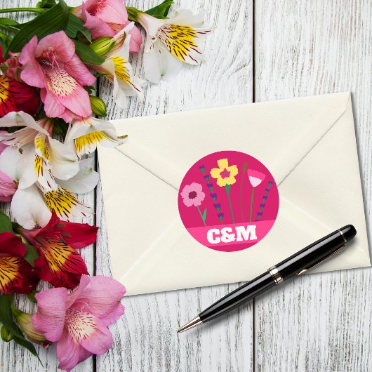Bright & Bold Pink farbenfrohe florale Monogramm Runder Aufkleber