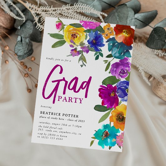 Bright & Bold Watercolor Floral Graduation Party Einladung
