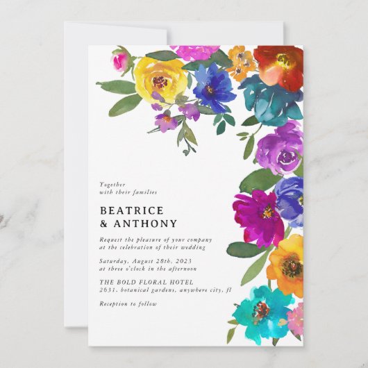 Bright & Bold Watercolor Floral Wedding Einladung (Vorderseite)