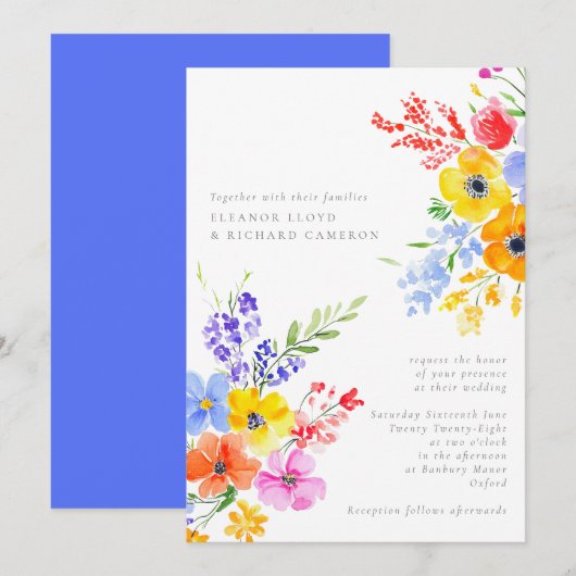 Bright & Bold Watercolor Floral Wedding Einladung (Vorne/Hinten)