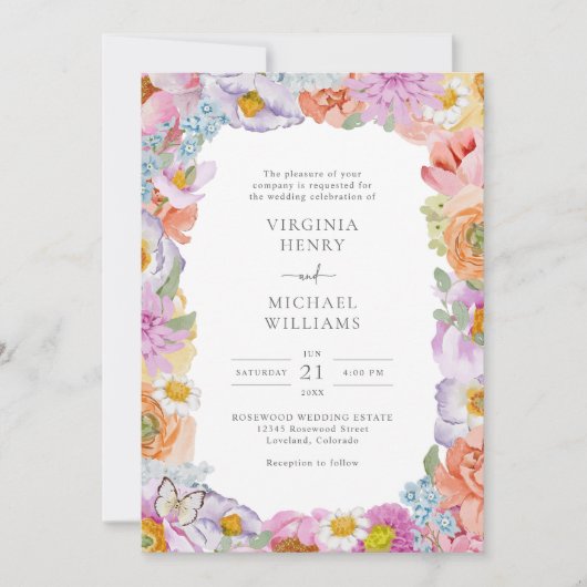 Bright Bold Watercolor Floral Wedding Einladung (Vorderseite)