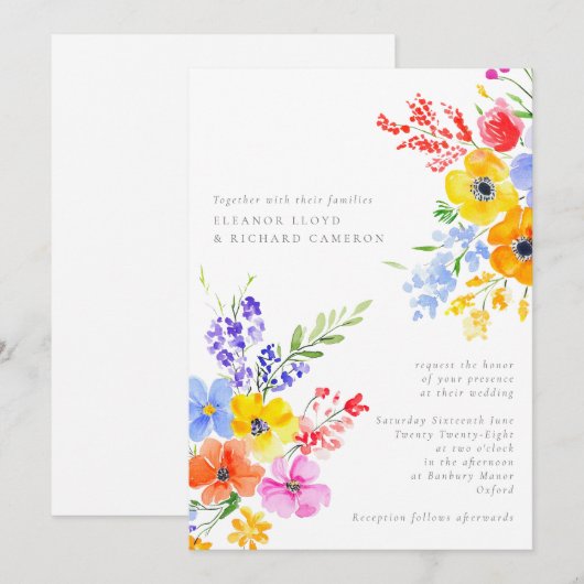 Bright & Bold Watercolor Floral Wedding Einladung (Vorne/Hinten)