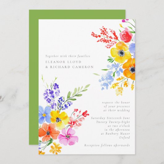 Bright & Bold Watercolor Floral Wedding Einladung (Vorne/Hinten)