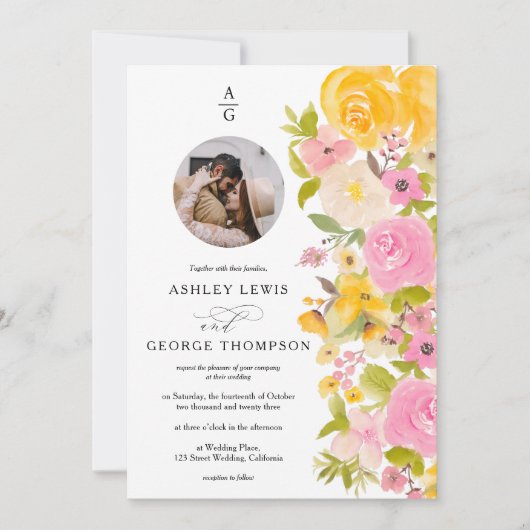 Bright bold yellow floral initials photo wedding einladung (Vorderseite)