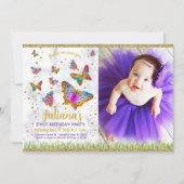 Bright Butterfly First Birthday Party Foto Einladung (Vorderseite)