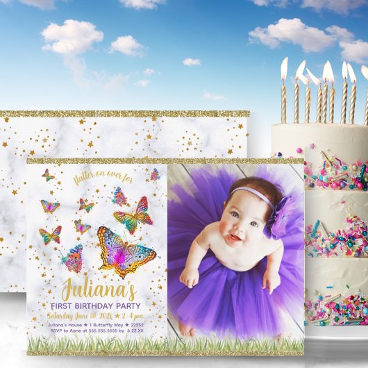 Bright Butterfly First Birthday Party Foto Einladung
