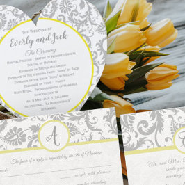 Bright Canary Yellow & Gray Damask Wedding Program Fächer