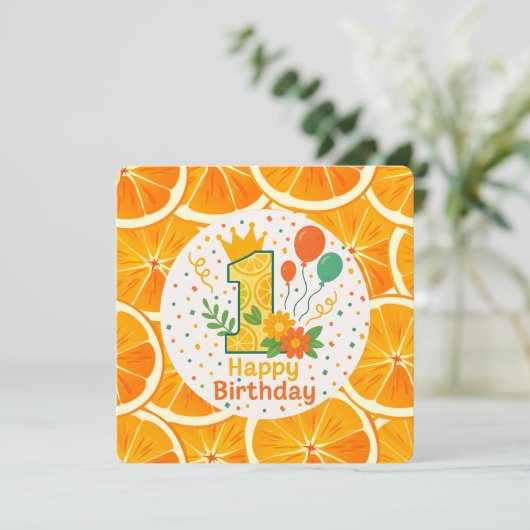 Bright Citrus Erster Geburtstag Einladung (Stehend Vorderseite)