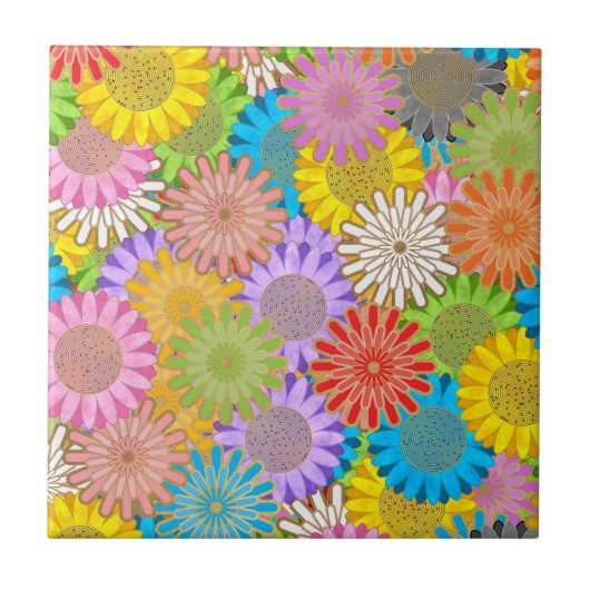 Bright Colorful Busy Chaotic Hippy Flower Pattern Fliese (Vorderseite)