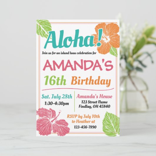 Bright Colors Island Luau Birthday Party Einladung (Stehend Vorderseite)