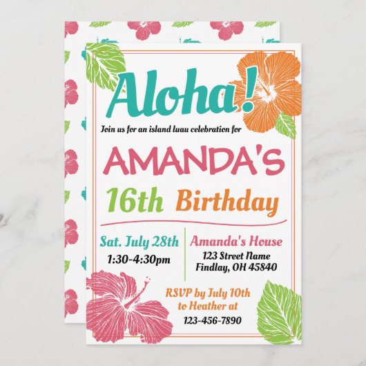 Bright Colors Island Luau Birthday Party Einladung (Vorne/Hinten)