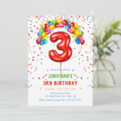 Bright Confetti Balloons 3. Geburtstag Einladung (Stehend Vorderseite)