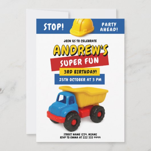 Bright Construction Truck Birthday Einladung (Vorderseite)
