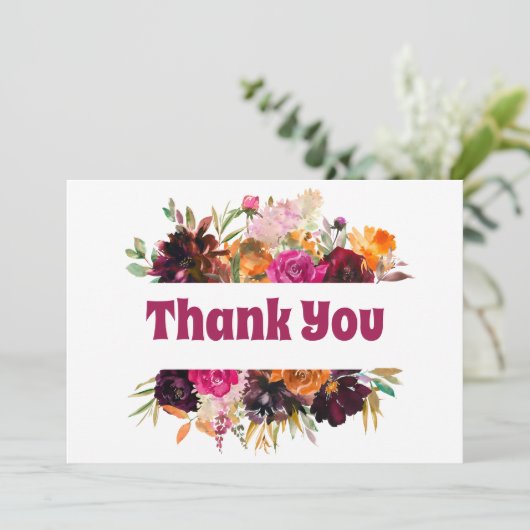 Bright Fall Floral Orange Burgundy Rose Peonys Dankeskarte (Stehend Vorderseite)