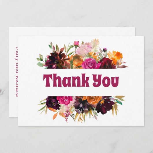 Bright Fall Floral Orange Burgundy Rose Peonys Dankeskarte (Vorne/Hinten)