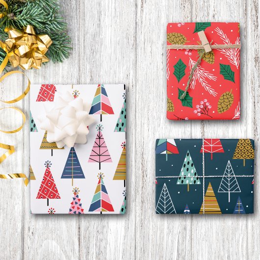 Bright farbenfrohe Boho Weihnachtsbaummuster Geschenkpapier Set