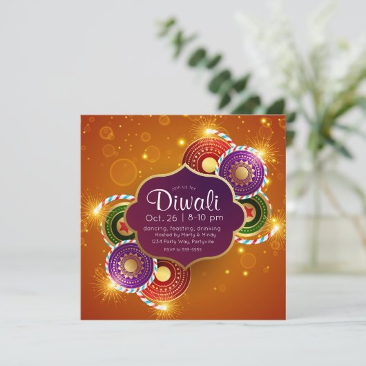 Bright farbenfrohe Diwali Feuerwerke Einladung (Stehend Vorderseite)