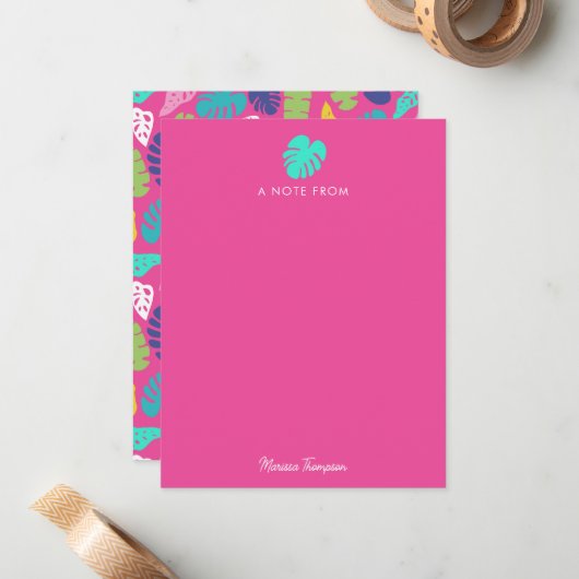 Bright farbenfrohe Tropical Summer Blätter Muster Mitteilungskarte (Vorderseite/Rückseite Beispiel)