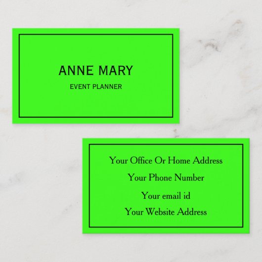 Bright farbenfroher Neon Green Wedding Event Plann Visitenkarte (Vorne/Hinten)